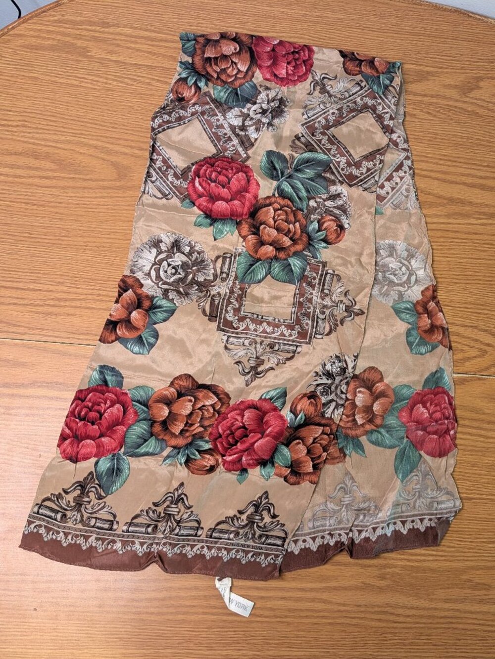 Jones New York 100% silk scarf floral art deco 11" x 51" Brown red